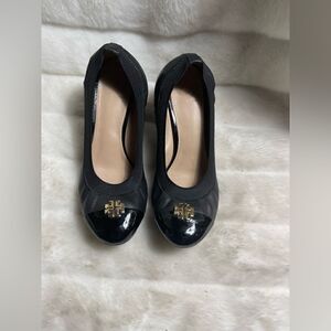 Tory Burch Black Patent Cap-Toe Wedges